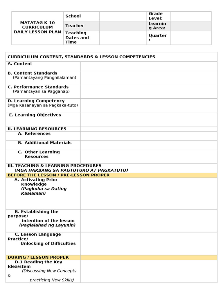 K-10 Curriculum Lesson Plan Guide | PDF