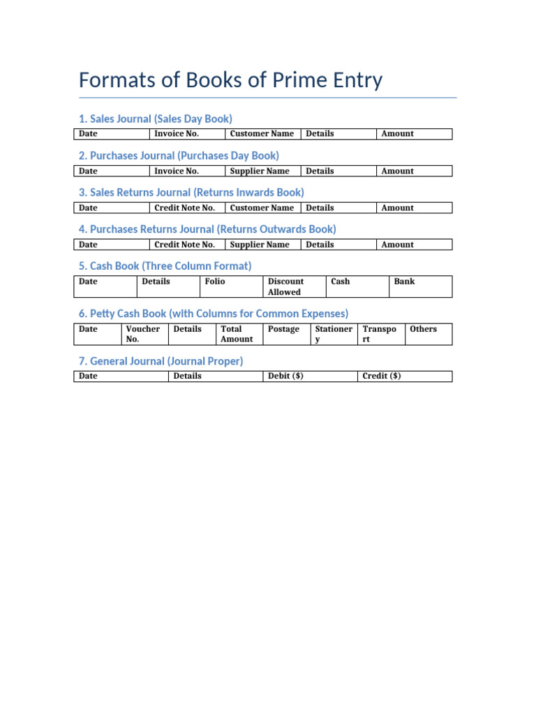 Bookkeeping Formats for Prime Entry | PDF
