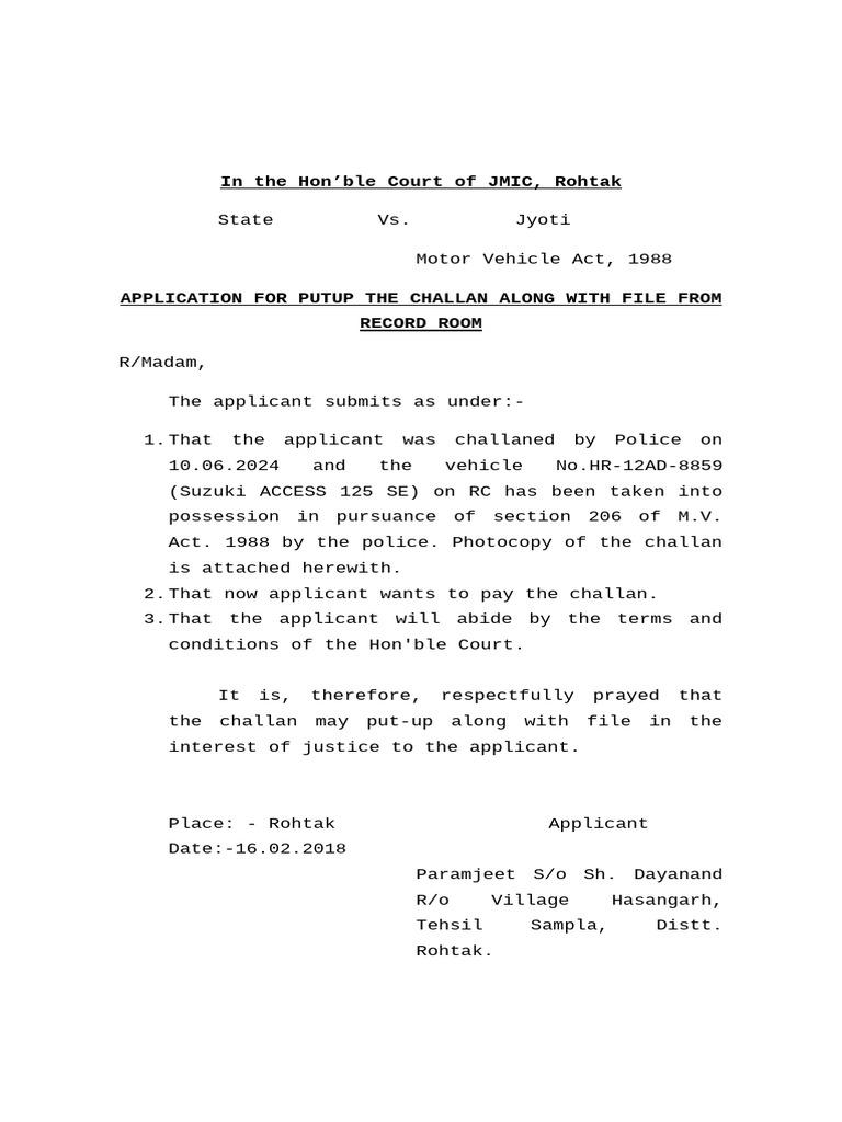 Application to Pay Motor Vehicle Challan | PDF