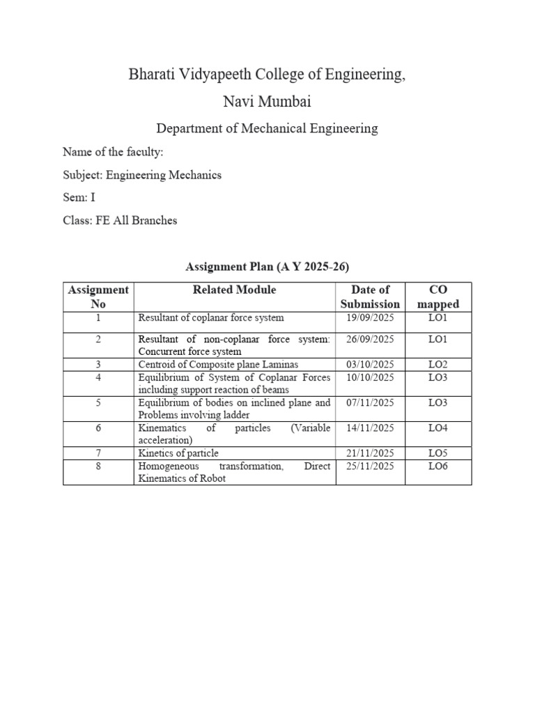Engineering Mechanics Assignment Plan 2025-26 | PDF | Velocity | Force