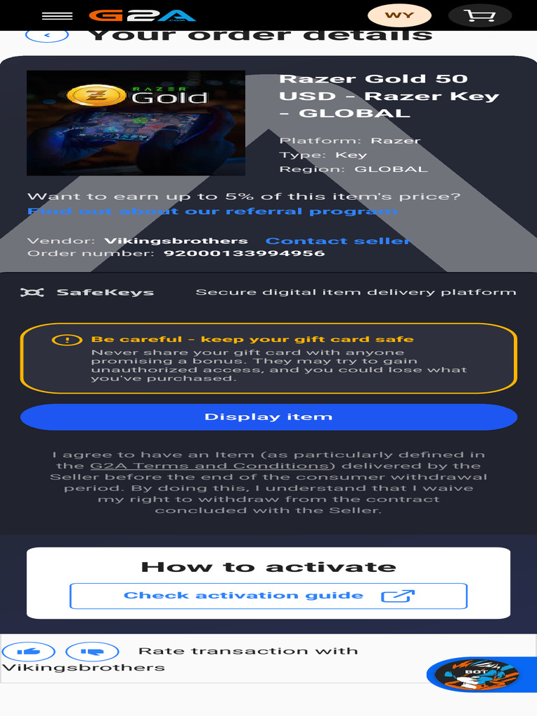Razer Gold Key Order Confirmation | PDF