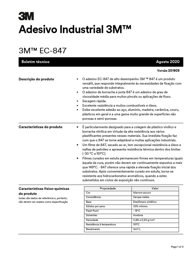 Adesivo 3M EC-847: Alto Desempenho Industrial | PDF | Temperatura | Tempo