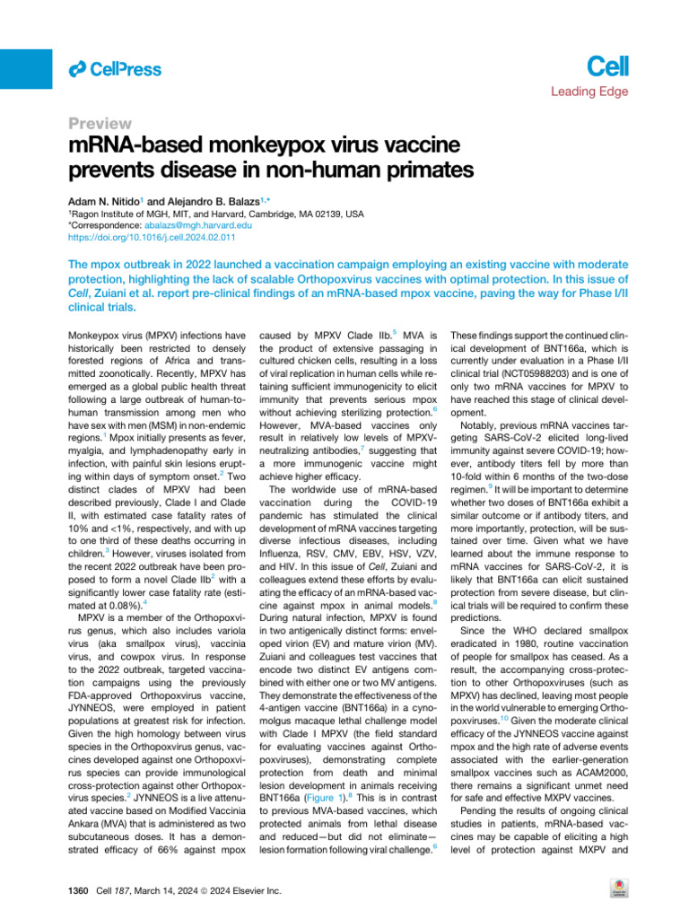 MRNA Based Monkeypox Virus Vaccine Prevents Diseas | PDF | Vaccines | Virus
