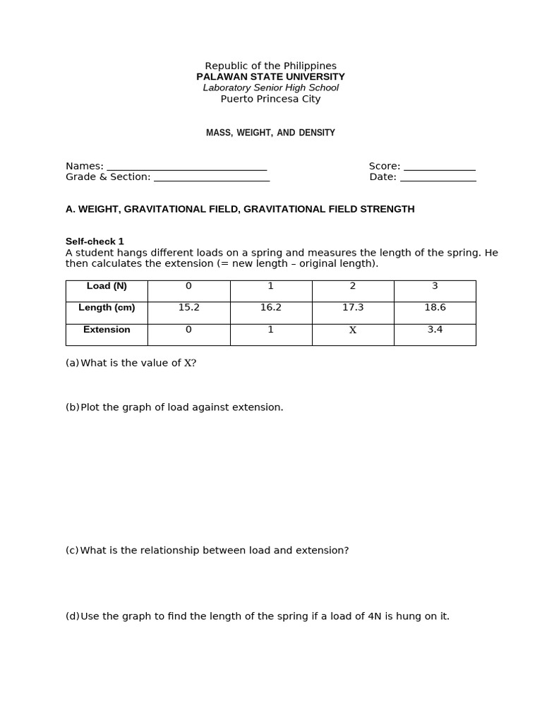 Mass Weight and Density Self Checks and Assessment 1 | PDF | Weight | Mass