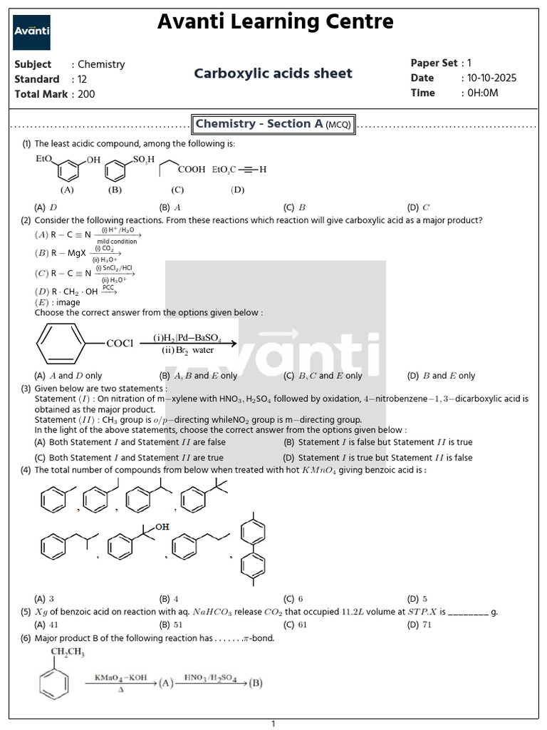 Carboxylic Acids Sheet 945033 1 1760058845 | PDF | Carboxylic Acid | Ester