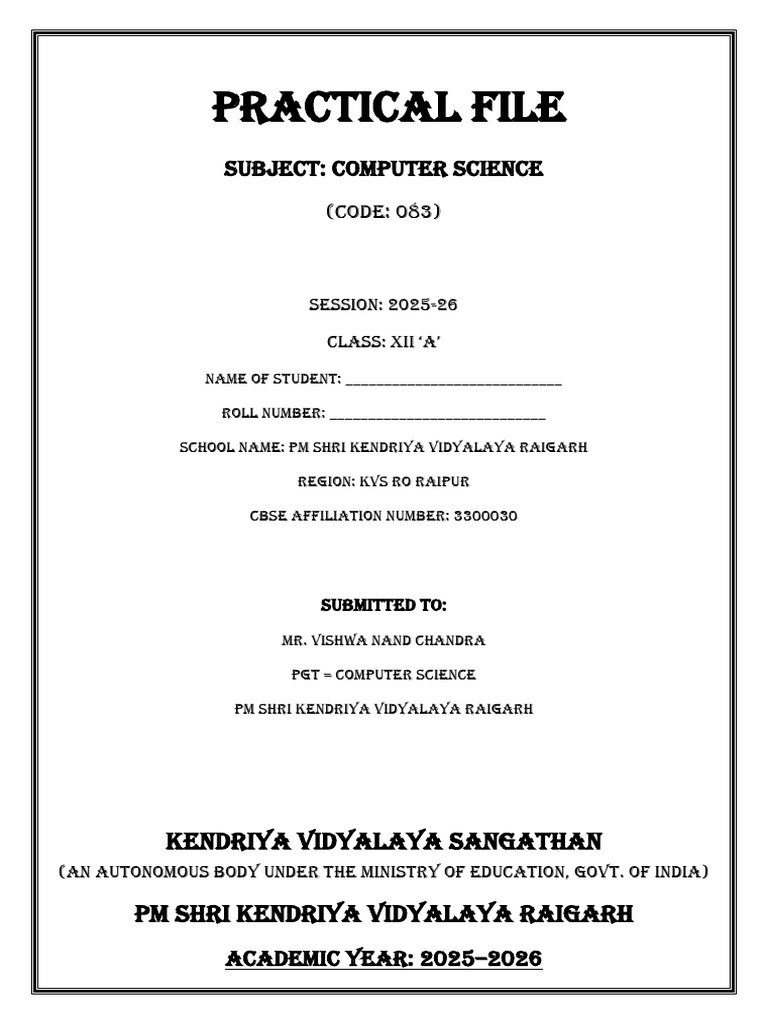 Computer Science Practical File 2025-26 | PDF | Filename | Computer File