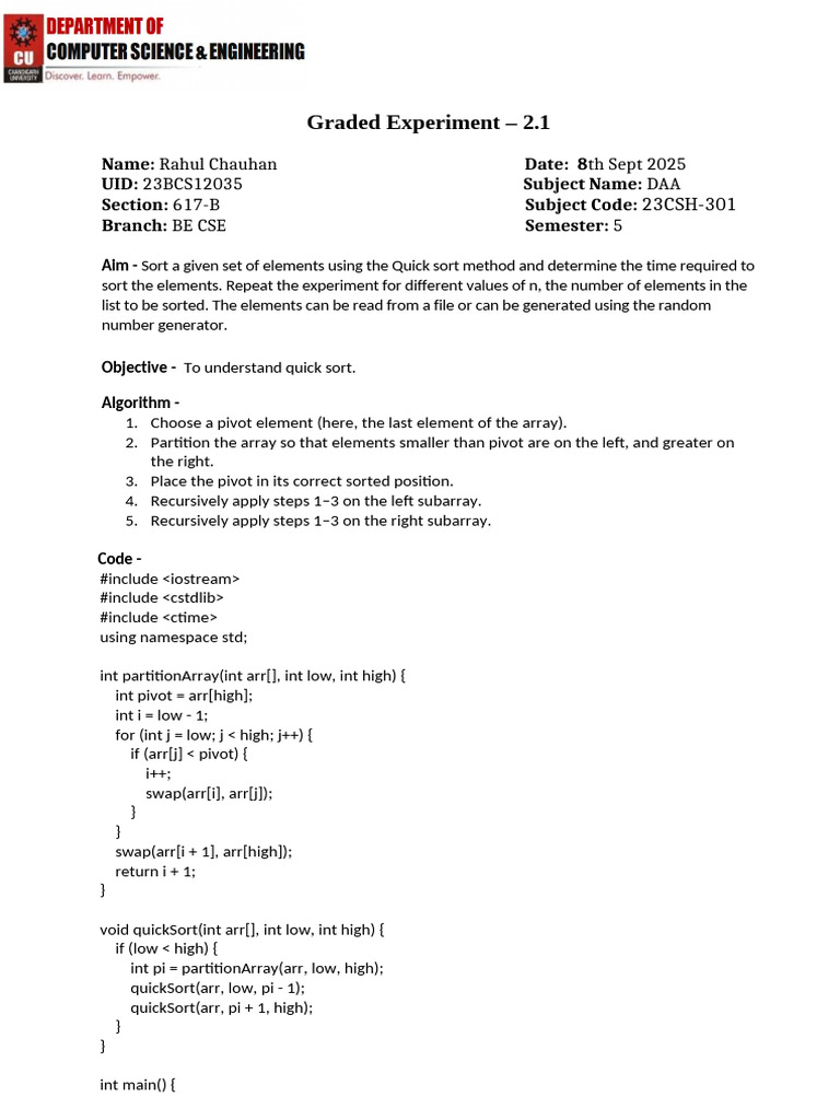 Quick Sort Algorithm Experiment Report | PDF | Computer Programming ...