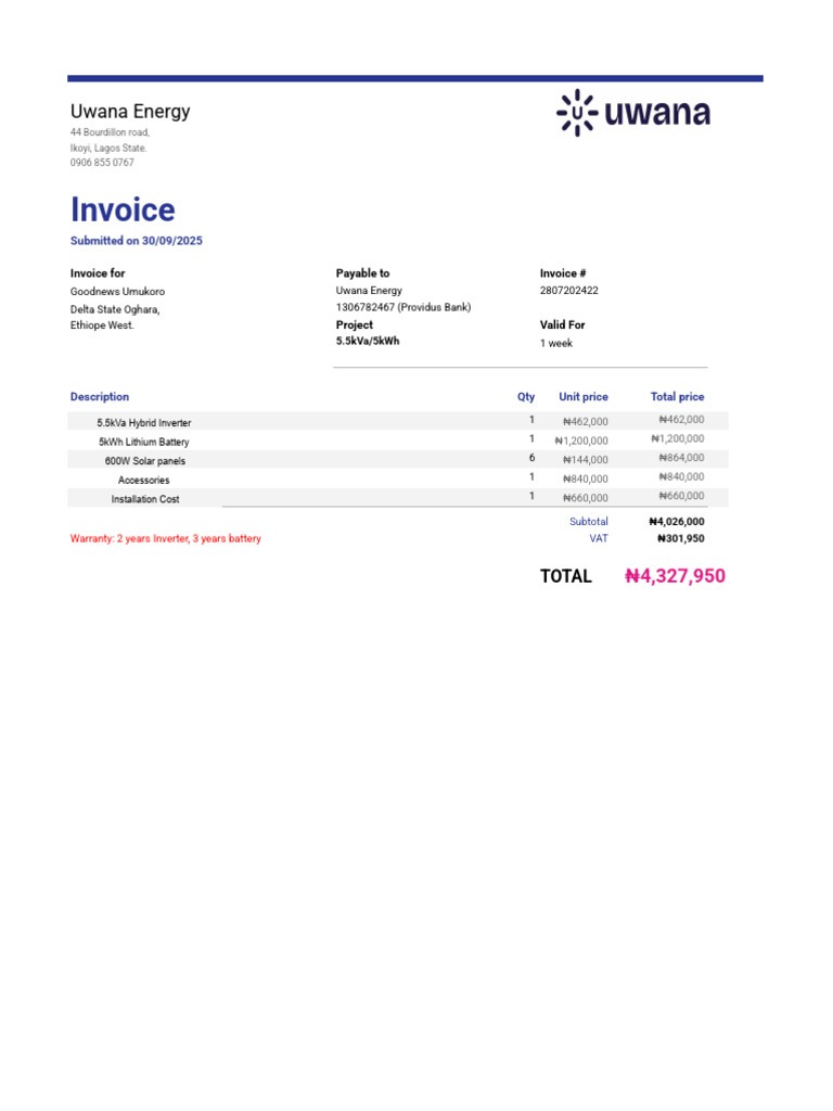 Uwana Energy Invoice for Solar Project | PDF