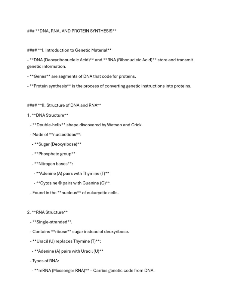 DNA, RNA, and Protein Synthesis Overview | PDF | Rna | Dna