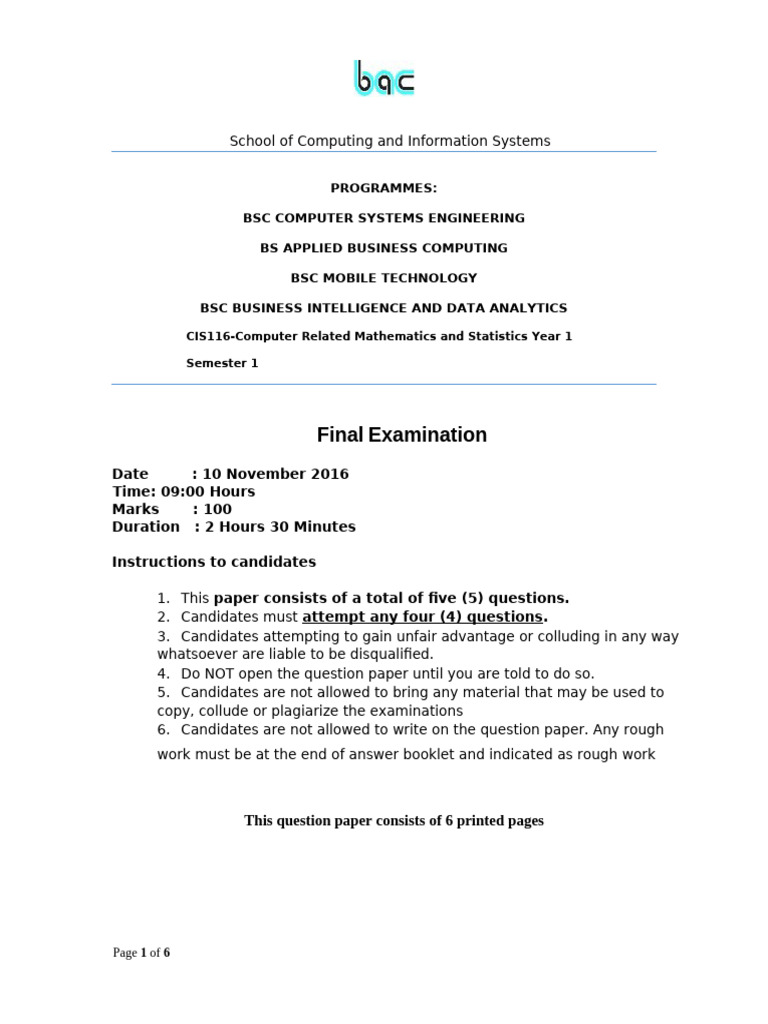 Computing Exam: Mathematics & Statistics | PDF | Applied Mathematics ...