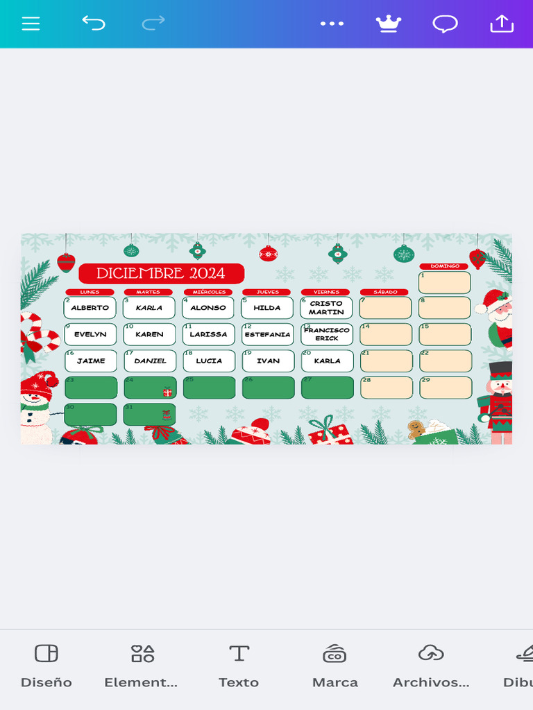 Calendario Mes de Diciembre 2024 Ilustrado Navideño Rojo y Verde ...