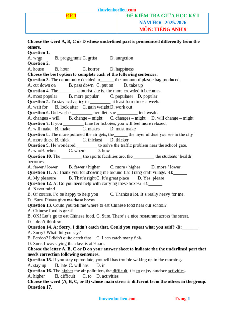 English Test Paper for Grade 9 | PDF | Traffic | Vietnam
