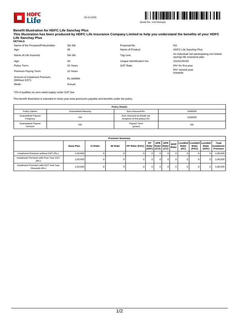 HDFC Life Sanchay Plus Benefit Illustration | PDF | Insurance | Life ...