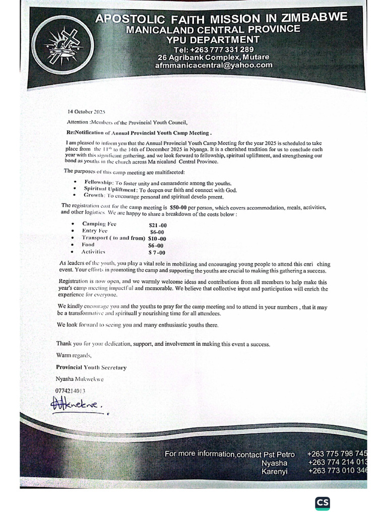 Notification Letter-Annual Provincial Youth Camp Meeting | PDF