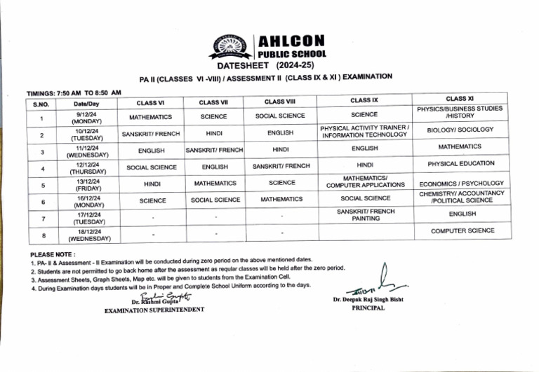 AHLCON 2024-25 School Exam Datesheet | PDF | Science | Social Sciences