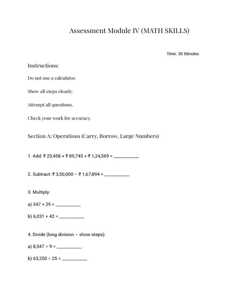 Math Skills Assessment Module IV | PDF