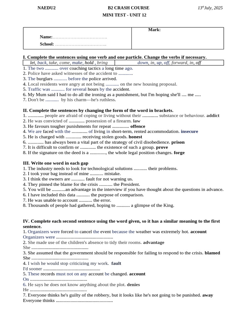 Mini Test b2 Unit 12 | PDF | Crimes | Crime & Violence