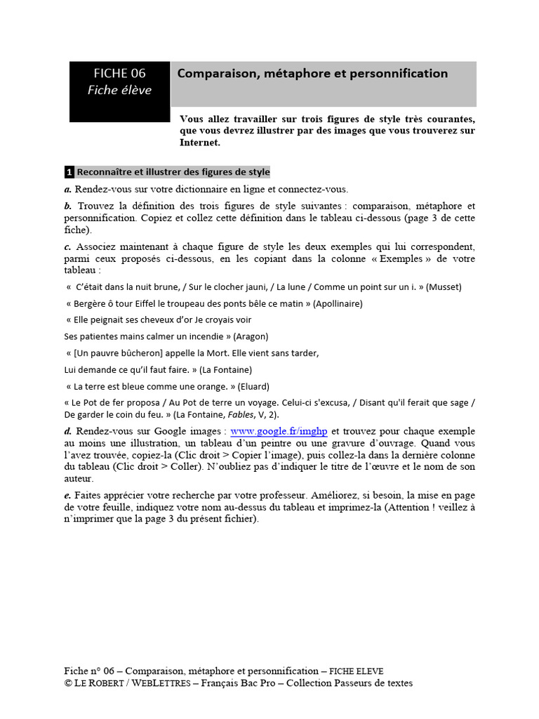 Figures de style : comparaison, métaphore, personnification | PDF ...
