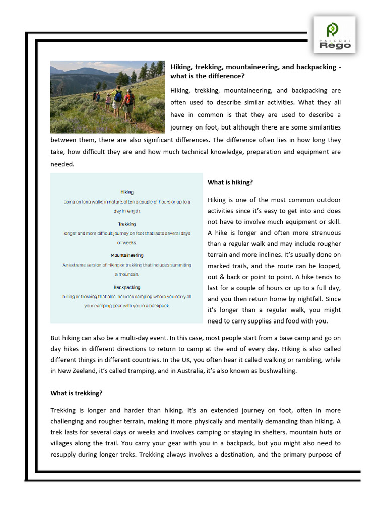 Hiking vs. Trekking vs. Mountaineering | PDF | Mountaineering | Hiking