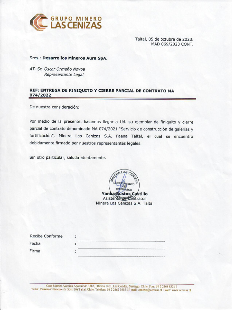Finiquito y Cierre Parcial MA 074-2022 | PDF
