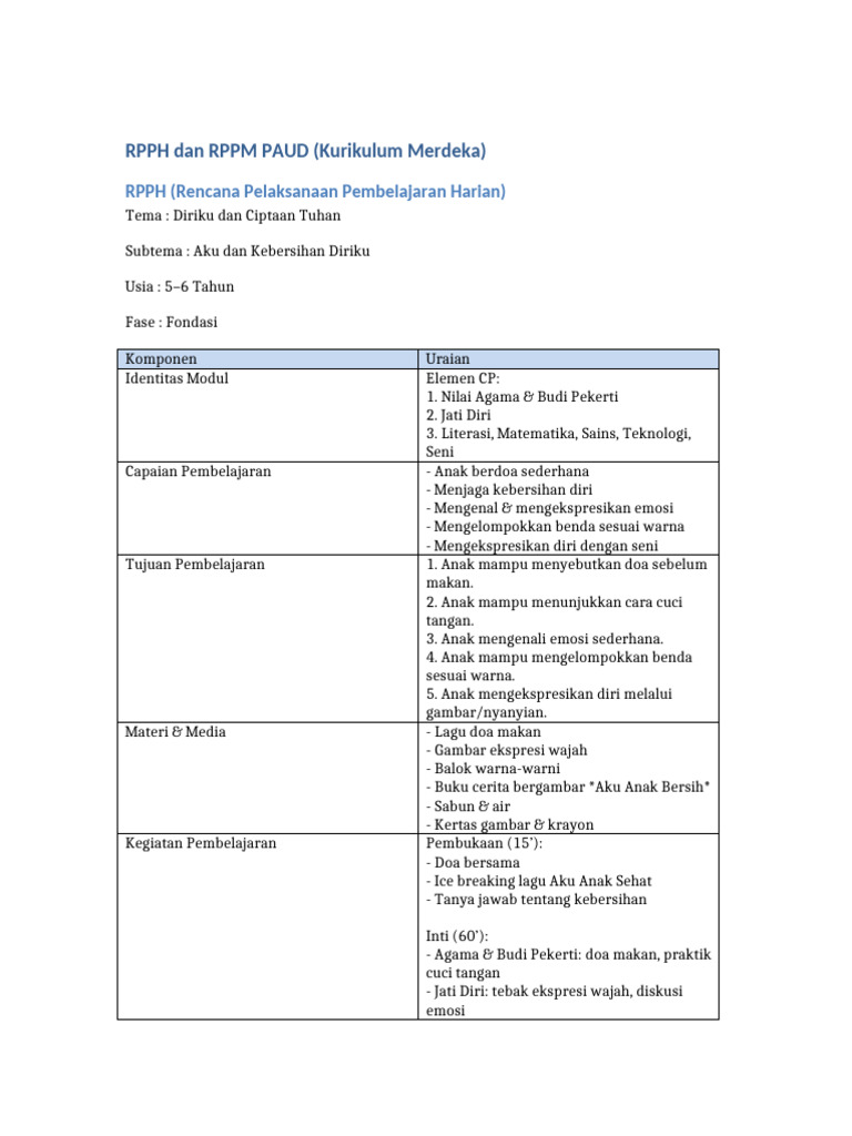 RPPH dan RPPM PAUD Kurikulum Merdeka | PDF