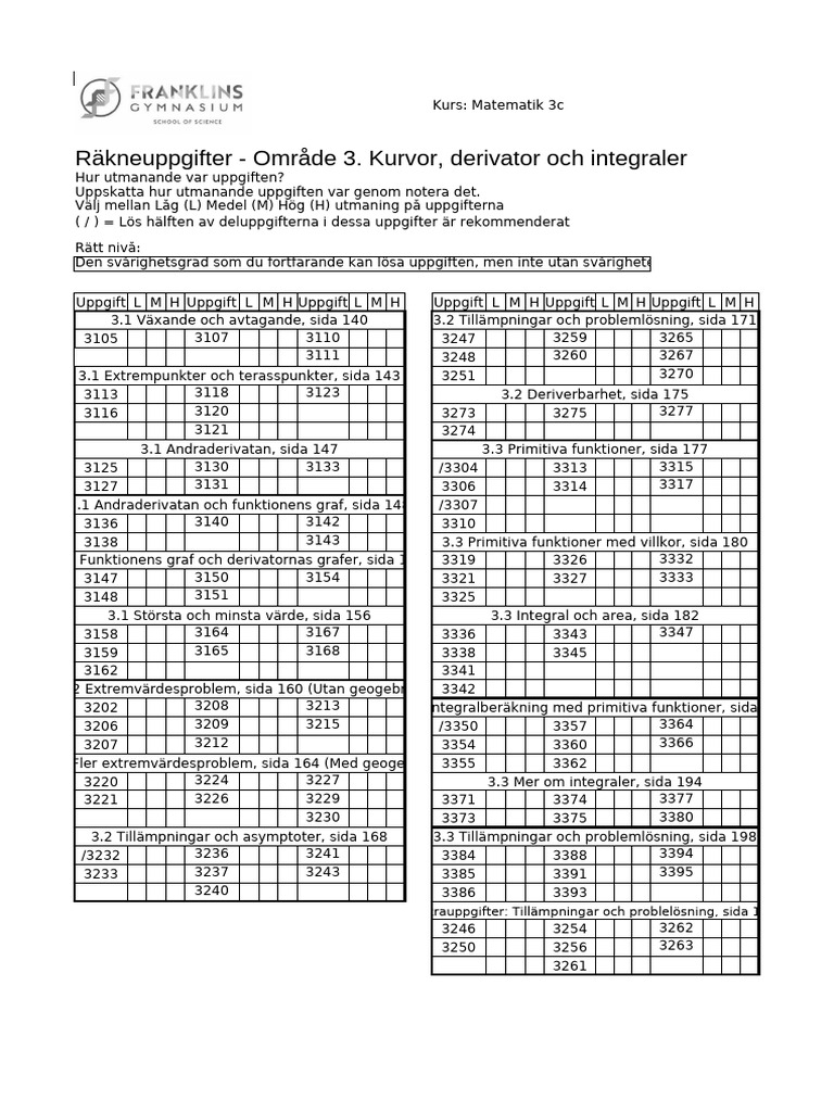 Räkneuppgifter - Område 3. Kurvor, Derivator Och Integraler | PDF