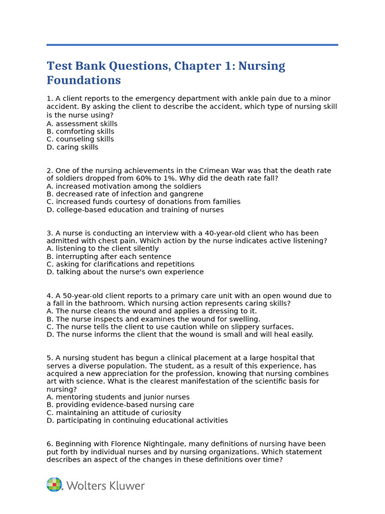 Nursing Foundations Test Bank Questions | PDF | Nursing | Health Care
