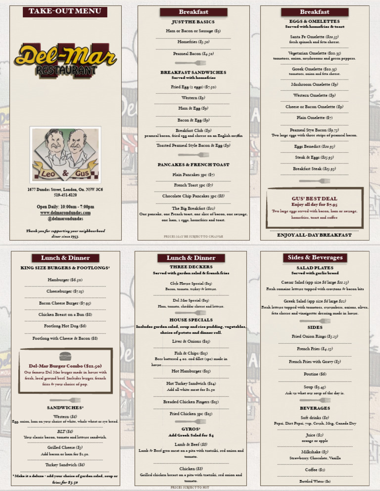 Del Mar Breakfast Menu Highlights | PDF | Hamburgers | Bacon