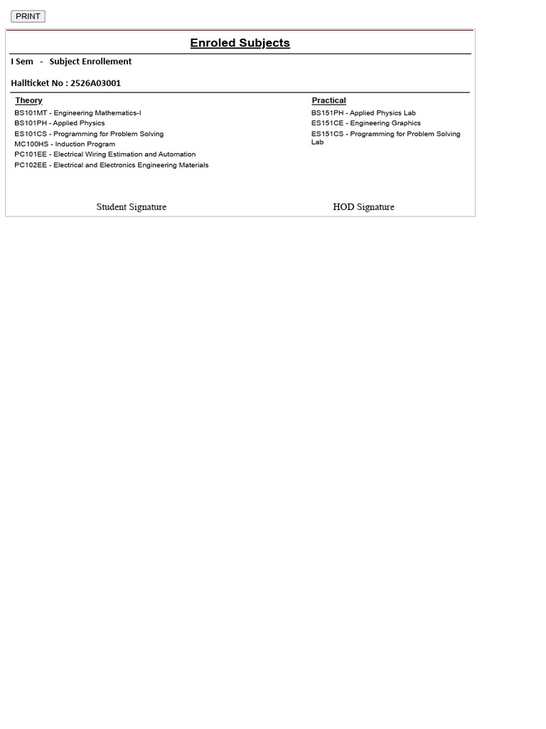 I Sem Subject Enrollment Details | PDF