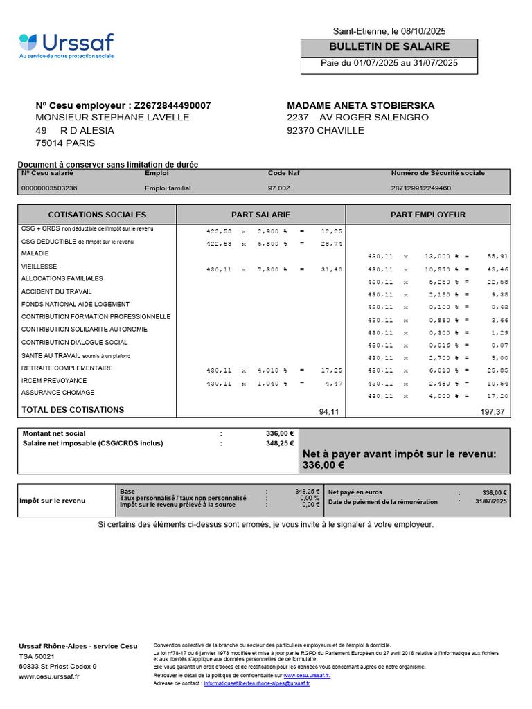 Bulletin de salaire - Juillet 2025 | PDF | Salaires | Impôt sur le revenu