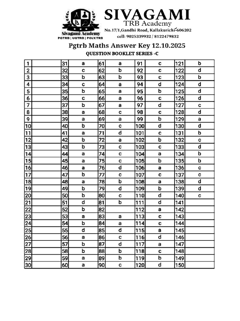 Pgtrb Maths Answer Key 12 10 2025 Pdf