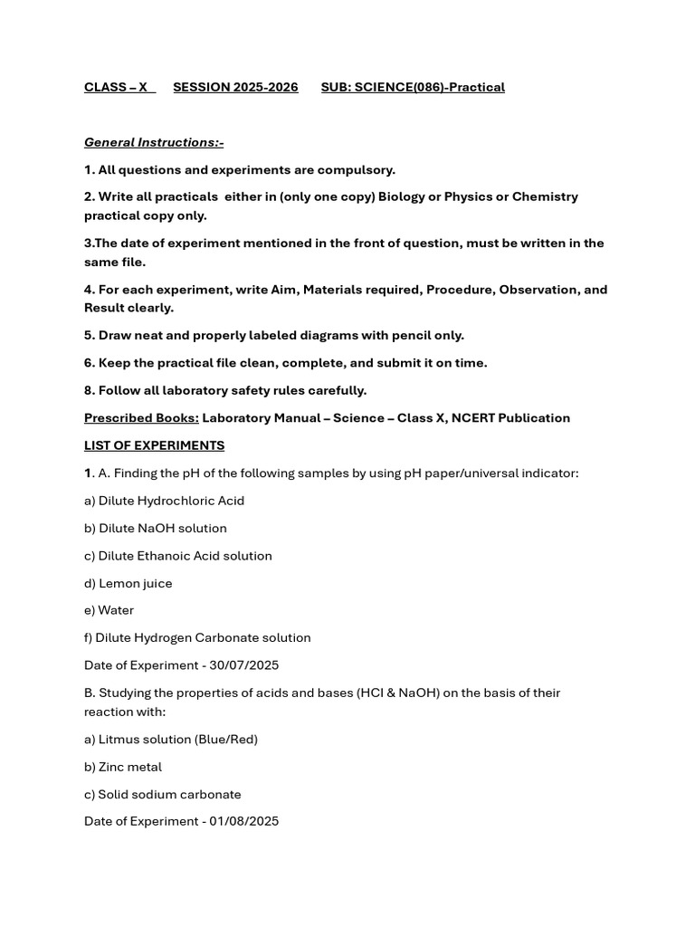 Class X Science Practical Guide 2025-26 | PDF | Sodium Hydroxide | Acid