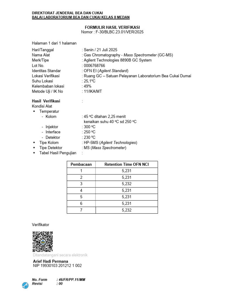 Hasil Verifikasi GC-MS Agilent 8890B | PDF