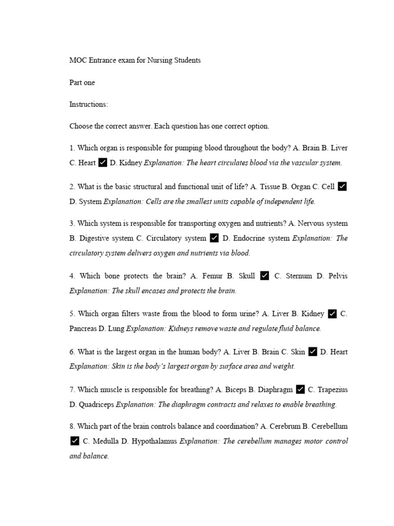 MOC Entrance Exam For Nursing Students | PDF | Human Body | Blood