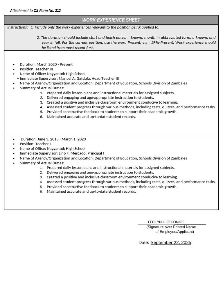 Work Experience Ces | PDF | Teachers | Lesson Plan