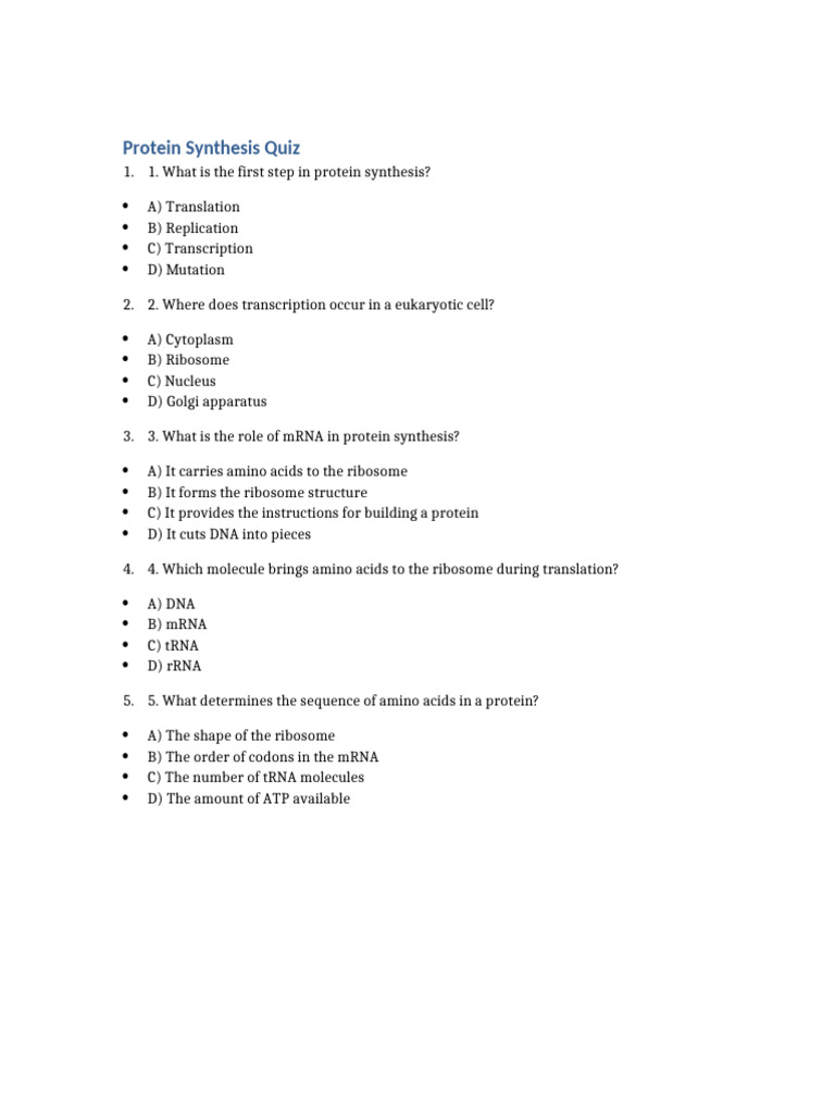 Protein Synthesis Quiz Questions | PDF