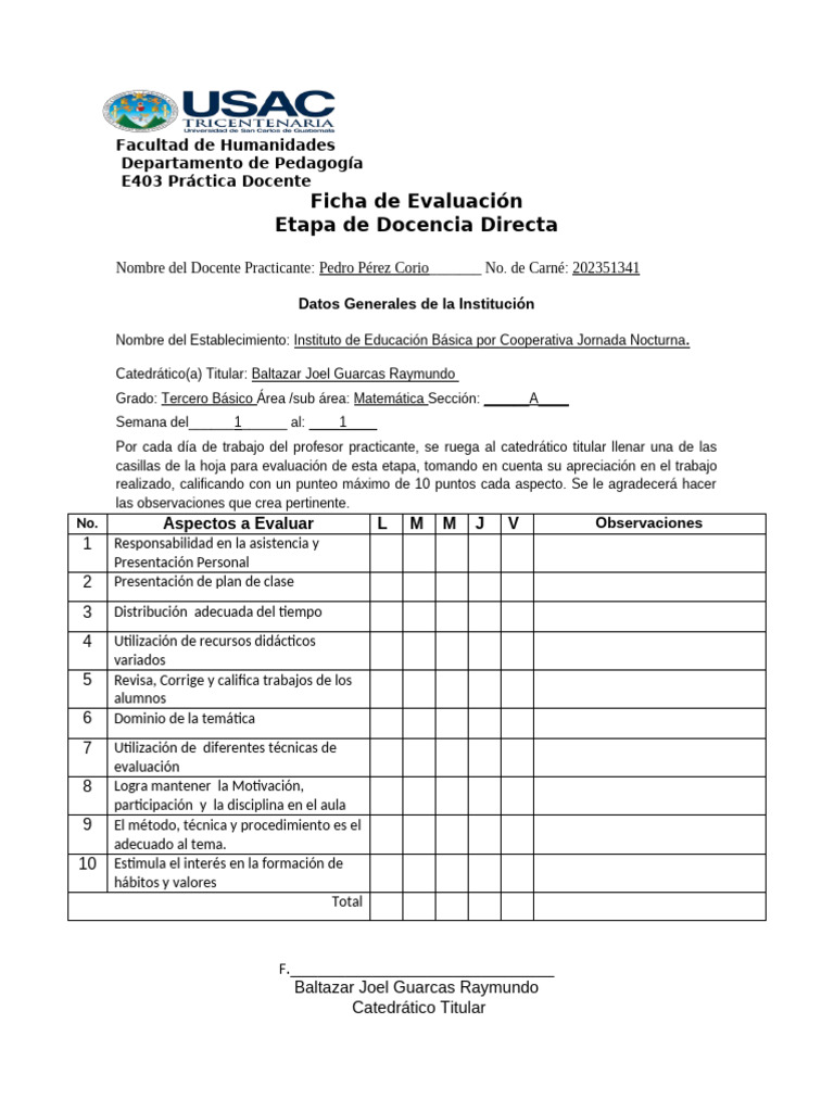 Ficha de Evaluación Docente Práctica | PDF