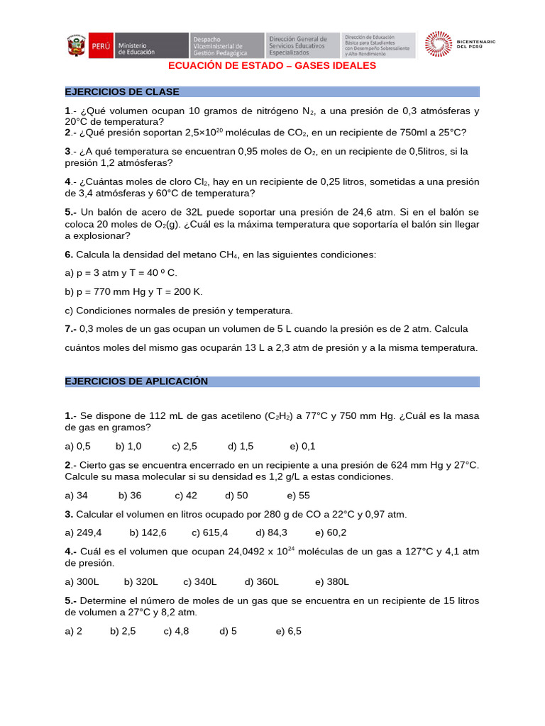 Ejercicios de Gases Ideales y Estado | PDF
