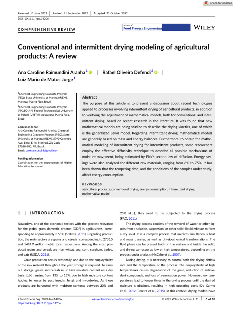 Drying Models for Agricultural Products | PDF | Cereals | Exponential ...