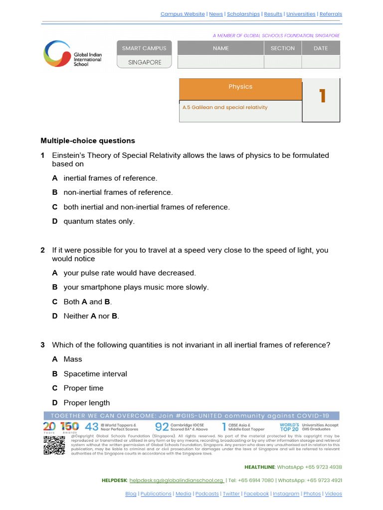Special Relativity Physics Questions | PDF | Special Relativity ...