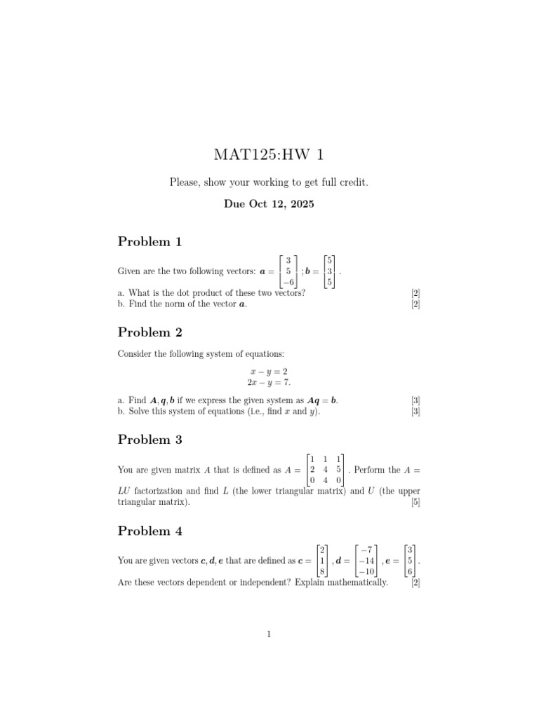 MAT125 HW1 Fall 2025 4078299 | PDF | Matrix (Mathematics) | Applied ...