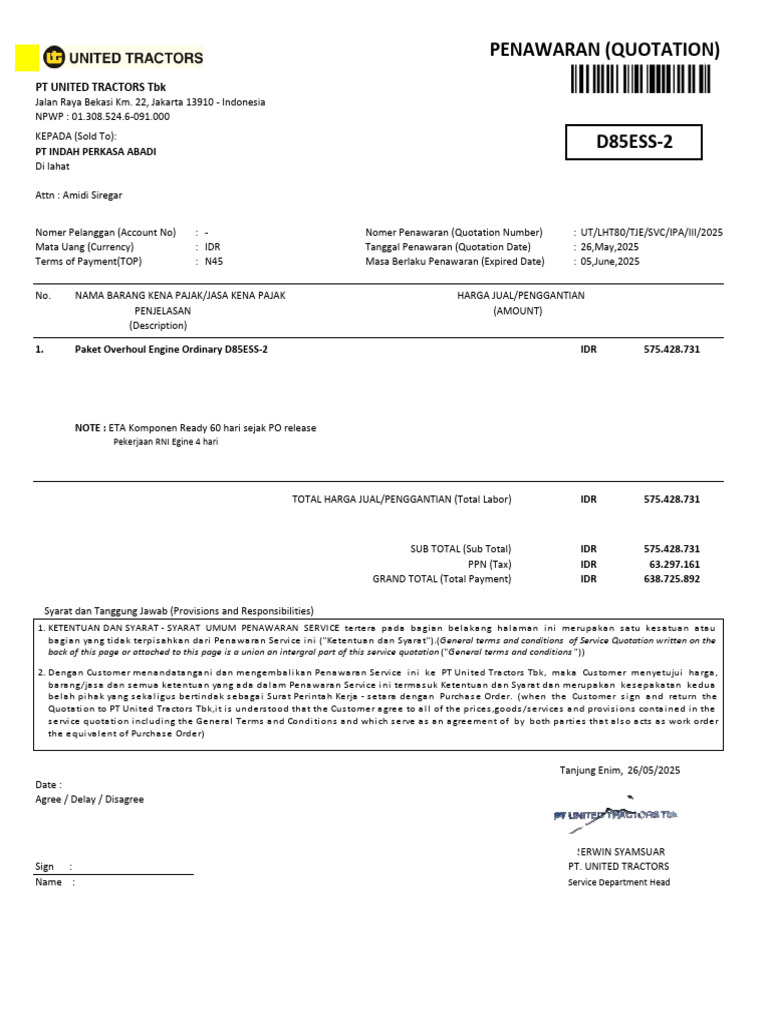 Quotation for D85ESS-2 Engine Overhaul | PDF | Piston | Engine Technology