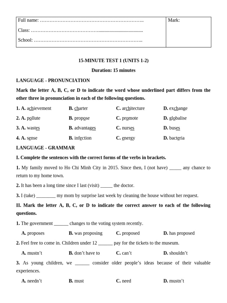 15-Minute English Test: Pronunciation & Grammar | PDF | Linguistics ...