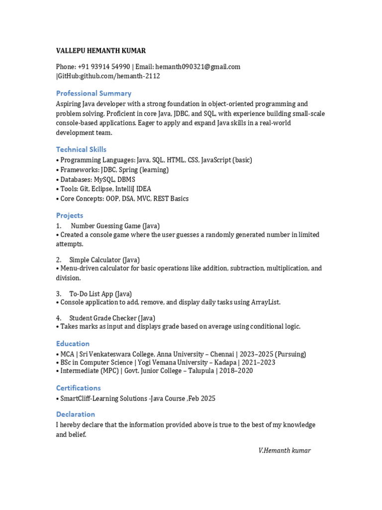 Java Developer Resume Hemanth | PDF