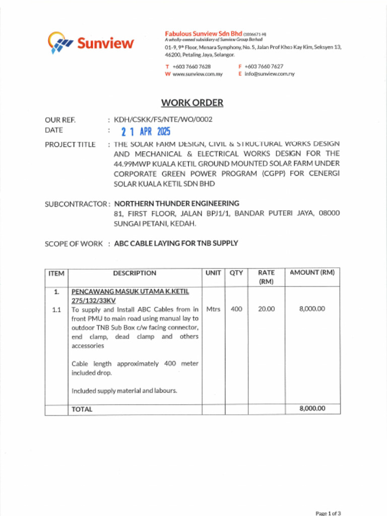 Work Order No.2 - ABC Cable Installation | PDF