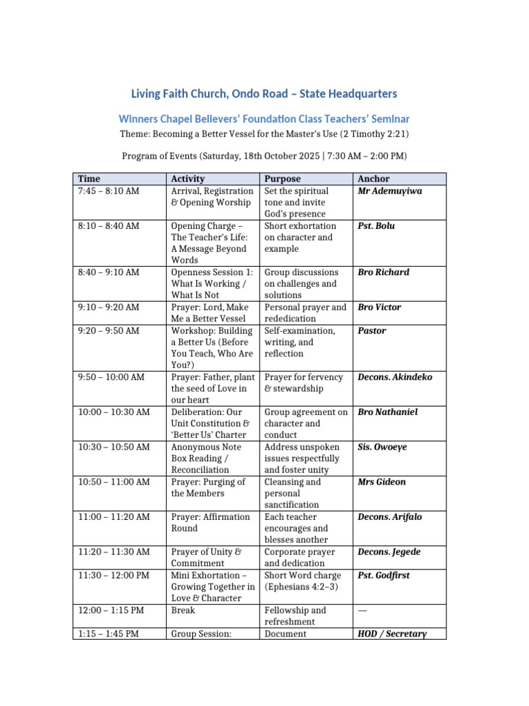 BFC Seminar Program of Events Recreated | PDF | Prayer | Christian ...