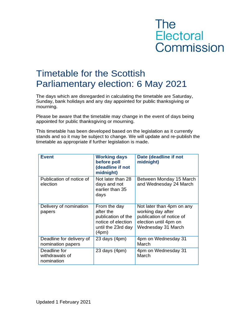 Election Timetable Scottish Parliamentary | PDF | Elections | Political ...