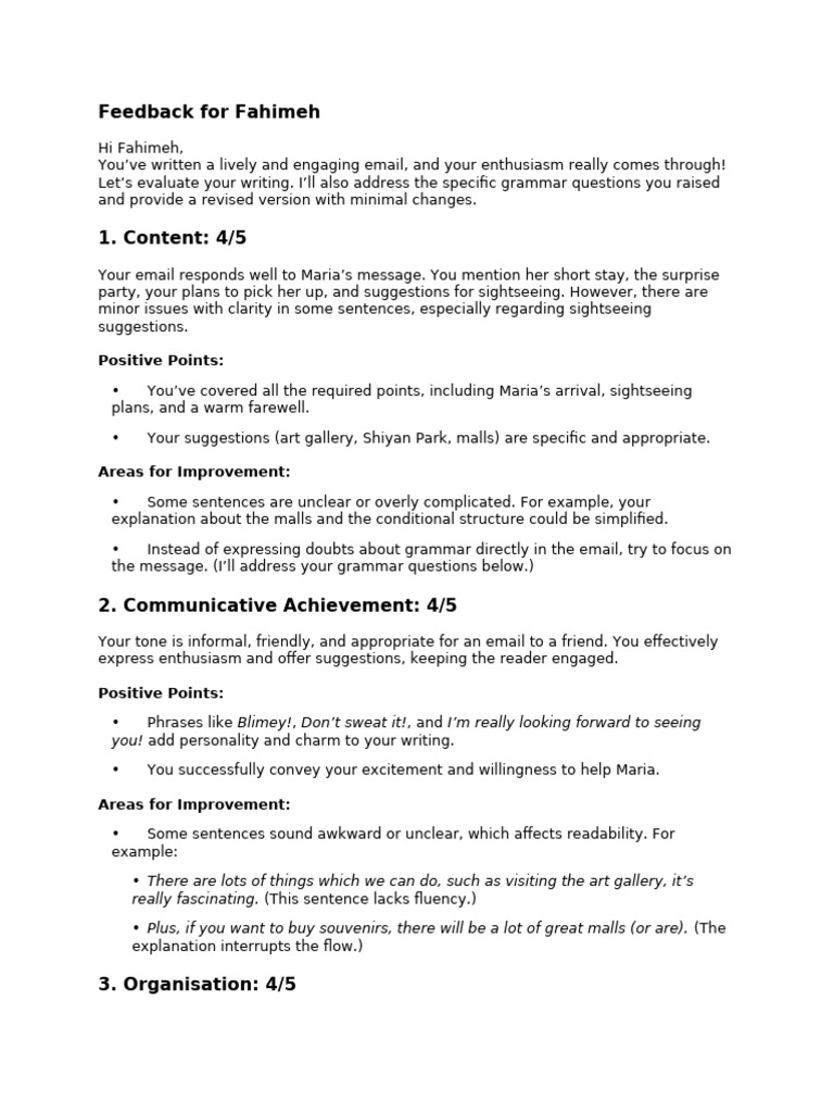 Feedback on Fahimeh's Email Writing | PDF | Narrative | Syntax