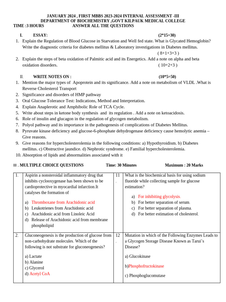 MBBS Biochemistry Internal Assessment 2024 | PDF | Cholesterol ...