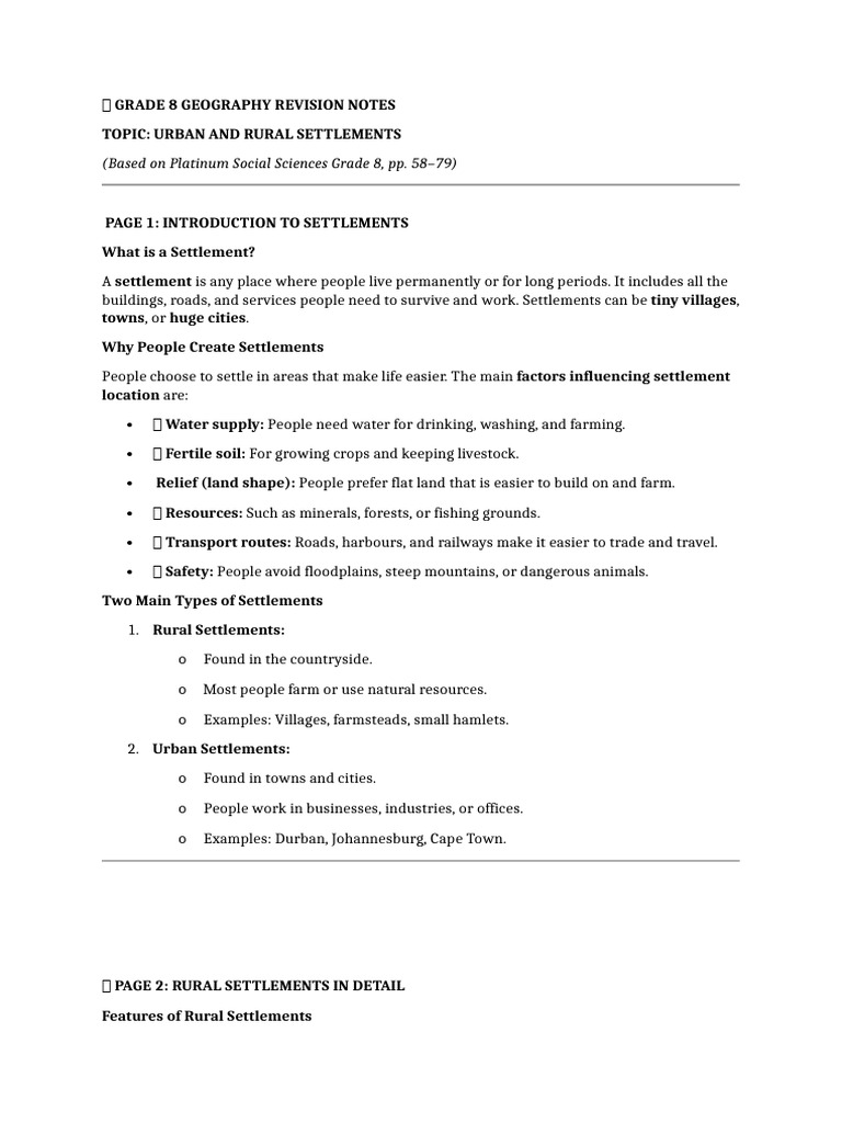 Grade 8 Urban and Rural Settlements Guide | PDF | Urban Sprawl ...